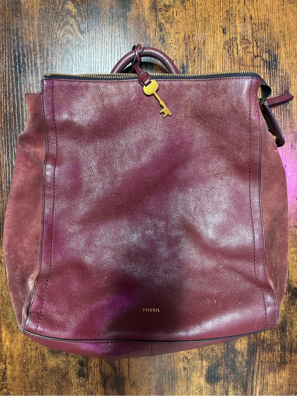 Fossil Parker Backpack Burgundy Leather & Suede No Straps Some Wear